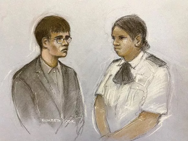 Court artist sketch by Elizabeth Cook of neo-Nazi teenager Aristedes Haynes (left) during his sentencing at the Old Bailey