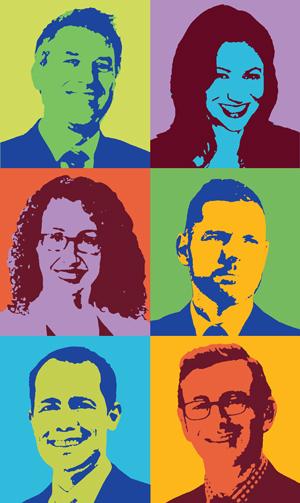 Collage of faculty members in Andy Warhol style: Sprigman, Adler, Hand, Schultz, Hemphill, Fromer
