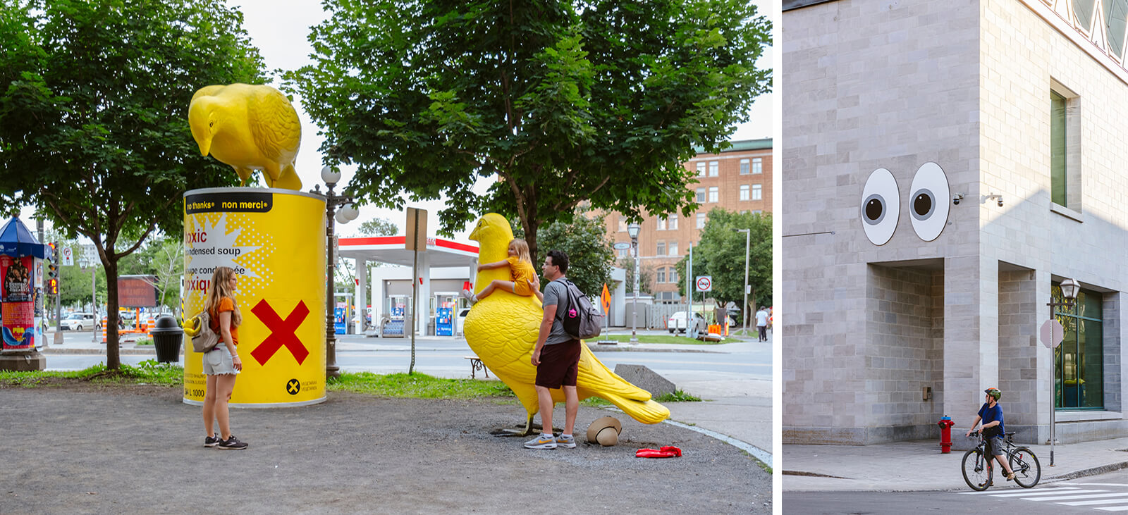 (L) ‘Birds of a Feather’ by Cooke-Sasseville and MC, (R) The ‘Big Other’ by Pierre and Marie| Passage Insolites 2023 | EXMURO Arts Publics | STIRworld