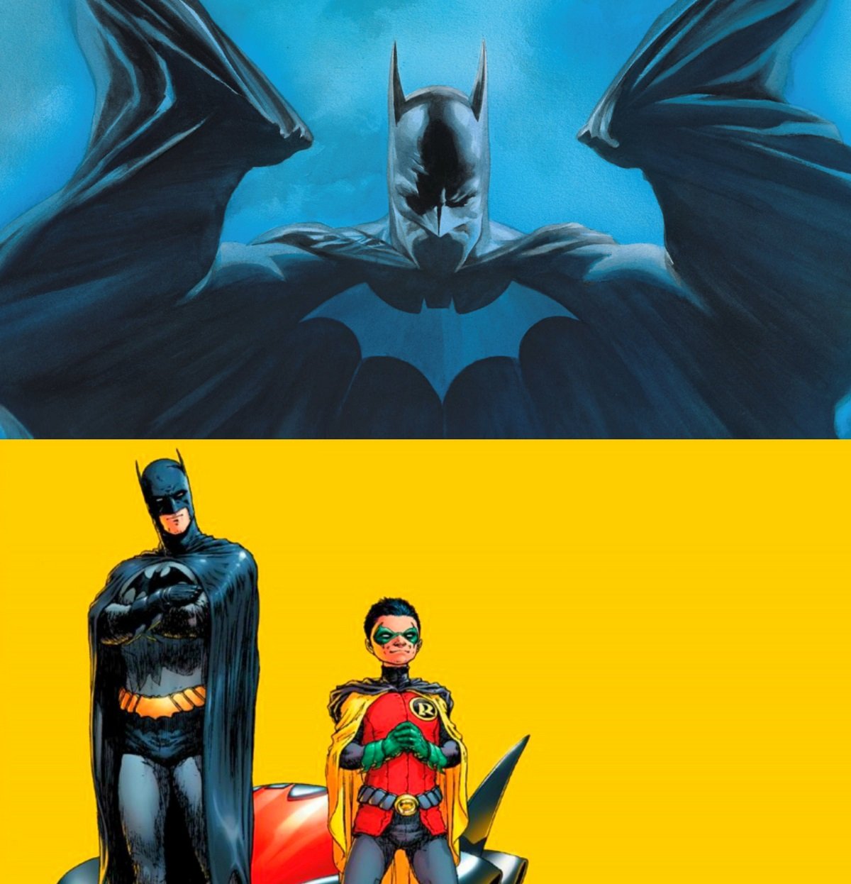 Art by Alex Ross and Frank Quitely from Grant Morrison's celebrated 2000s run on Batman. 