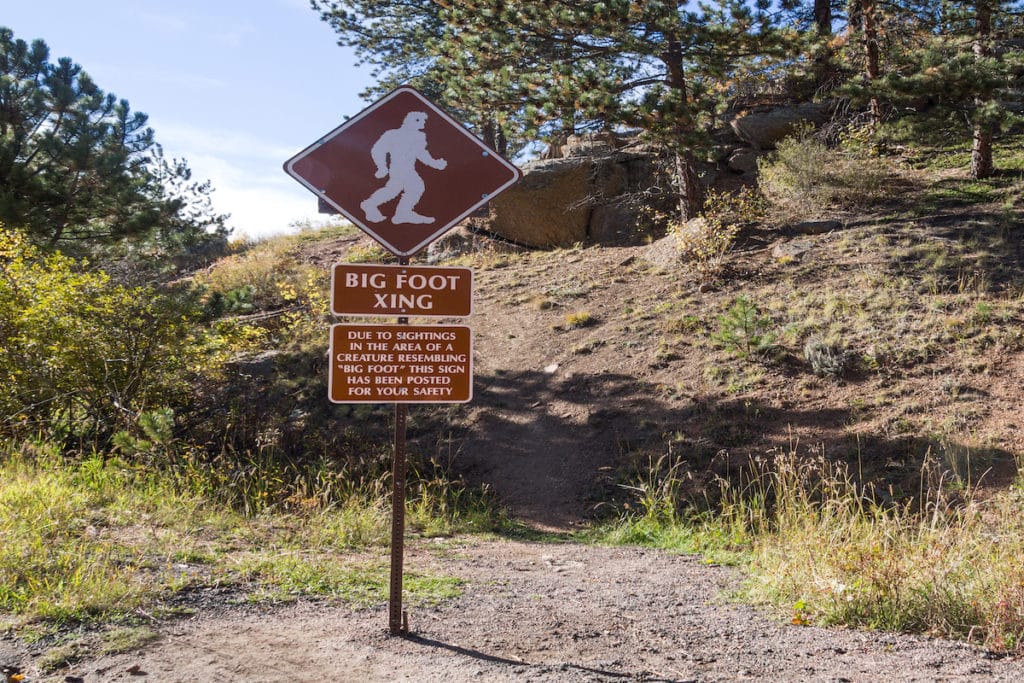 Photo of a sign for Big Foot Crossing, along with a creepy message that this is a high-sighting place. Background, a cliff side.
