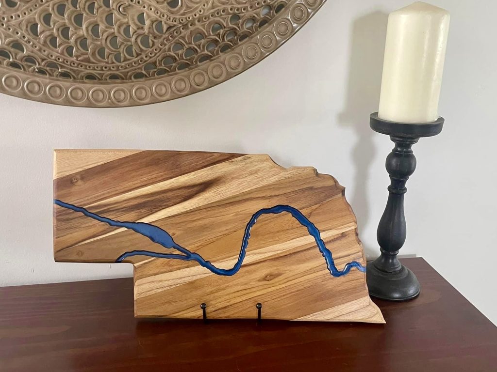 A custom piece by KC's Creations includes a Nebraska-shaped cutting board with the Platte River in resin, location and date unspecified | Photo courtesy of Kent Schlientz, St. George News