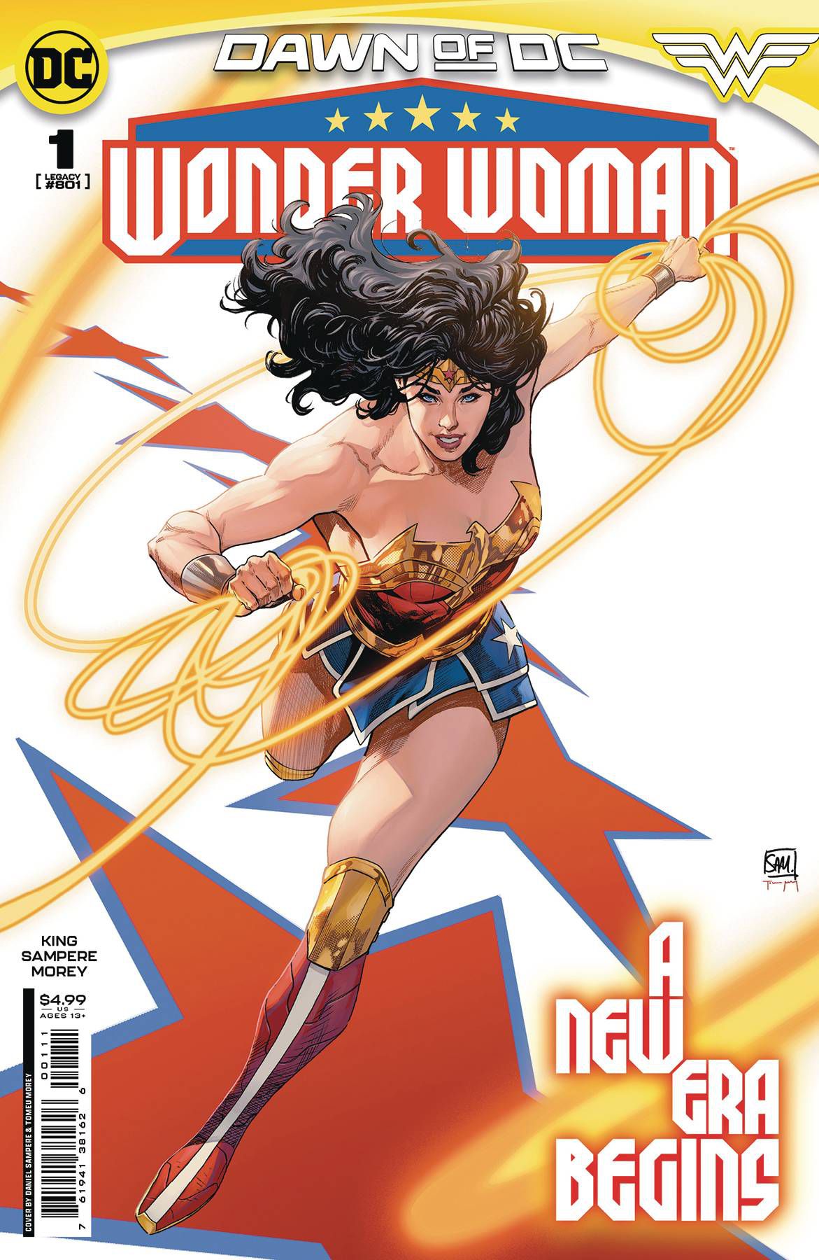 Wonder Woman runs with her lasso on a background of red stars on the cover of Wonder Woman #1 (2023).