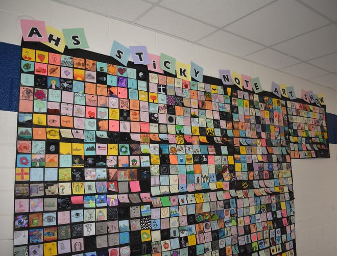 Just over 300 Adrian High School art students created more than 900 pieces of art for a Sticky Note Art Show that was on display at Grata Domum Realty in downtown Adrian at the September First Fridays. The Sticky Note Art Show is now displayed at Adrian High School near room B100.