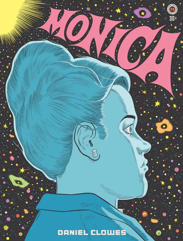 A portrait of a thick-set woman in profile, on a background of multicolored stars on the cover of Monica.