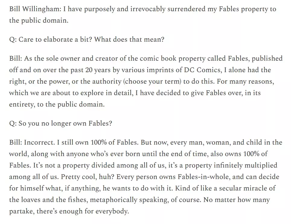 Bill Willingham's substack in which he claims Fables is now public domain