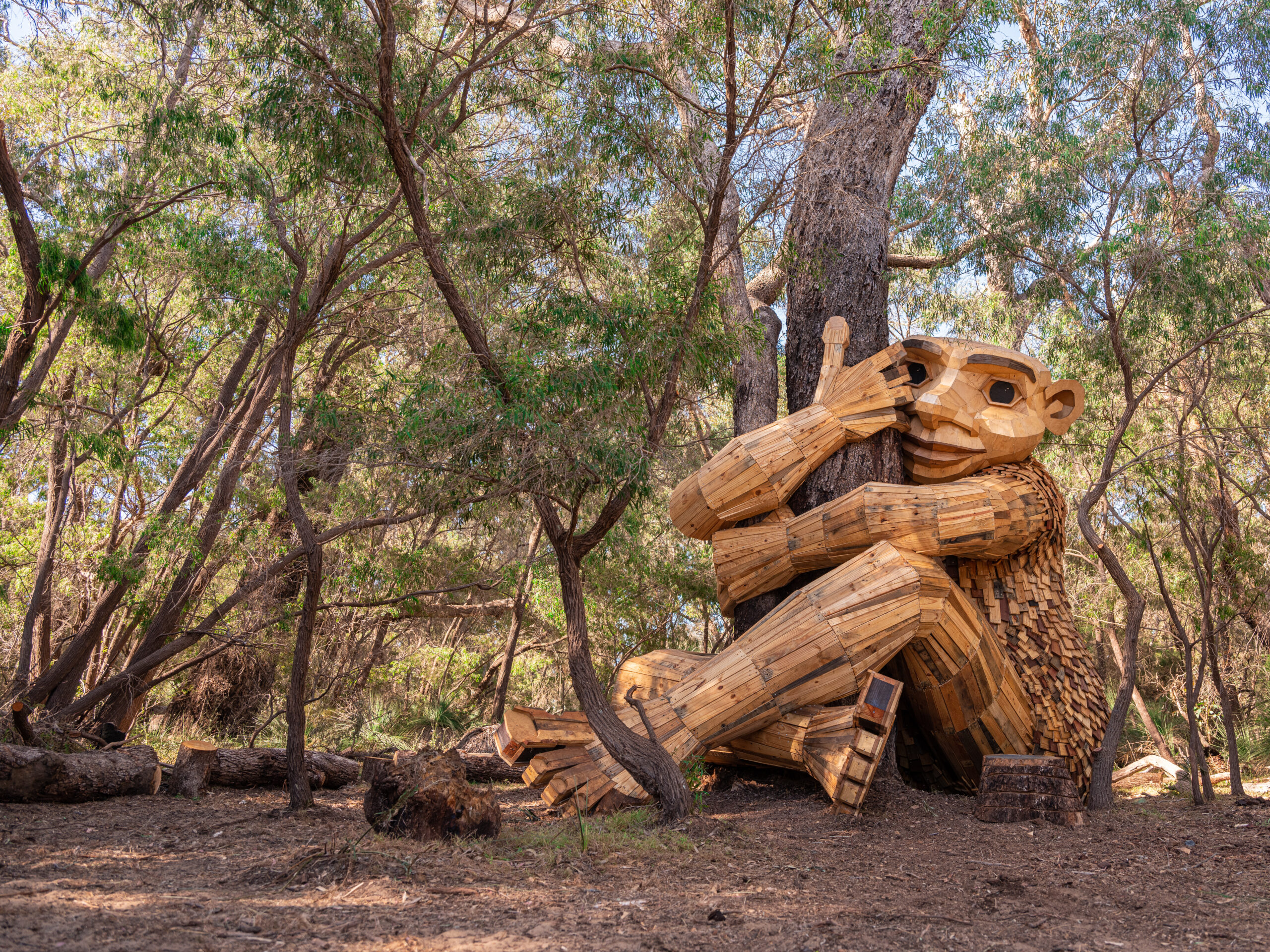 A giant wooden troll statue hugs a tree