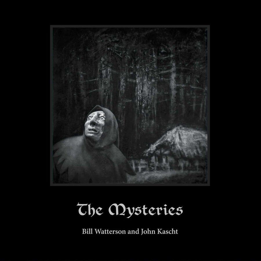 A person in peasant garb looks apprehensively at something unseen, with a spooky forest and a thached-roof building behind them on the cover of The Mysteries.