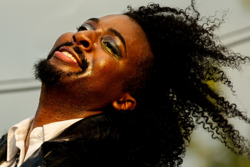 Eldraco performs on Sunday, Oct. 8, 2023, during the Artica Urban Art Festival along the Mississippi Riverfront in downtown St. Louis. The Webster Groves-based singer and songwriter uses music, dance, and artistic visuals to create dynamic and lively performance experiences.