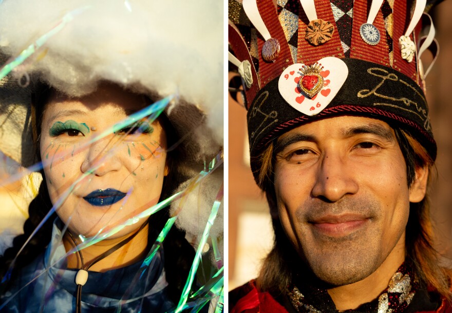 Lisa Tang, 32, of Tower Grove East, and Phil “The Love Fool” Padilla, 36, of Tower Grove South, sport their festival outfits on Sunday, Oct. 8, 2023, during the Artica Urban Art Festival along the Mississippi Riverfront in downtown St. Louis. “I feel like you can just kind of come as whatever you want,” Tang said of the annual festival. “Anything goes here and people like how homegrown and organic it all feels.”