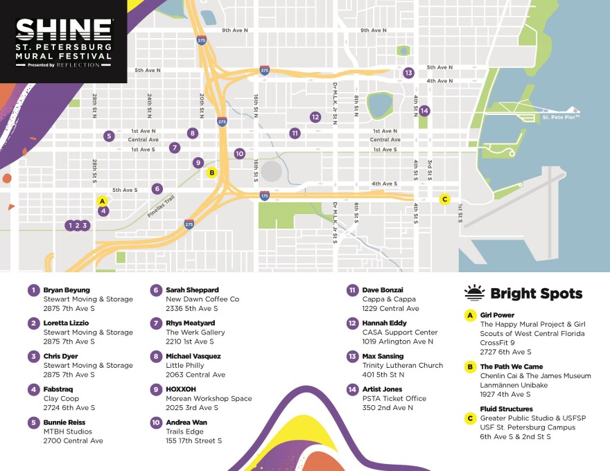 A guide map of the SHINE St. Petersburg Mural Festival outlines the locations of the various murals that will be on display for the 2023 season.