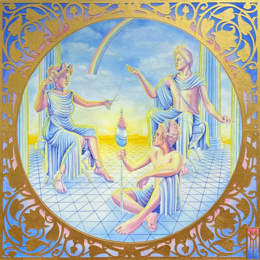 Three figures sit in a space next to the sky below a rainbow in the clouds.