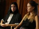 Nadezhda Tolokonnikova (L), activist and ex-wife of Pyotr Verzilov, and Veronica Nikulshina, activist and Verzilov's current girlfriend, speak to the media on September 18, 2018 in Berlin, Germany. Berlin doctors confirmed earlier in the day that there is a