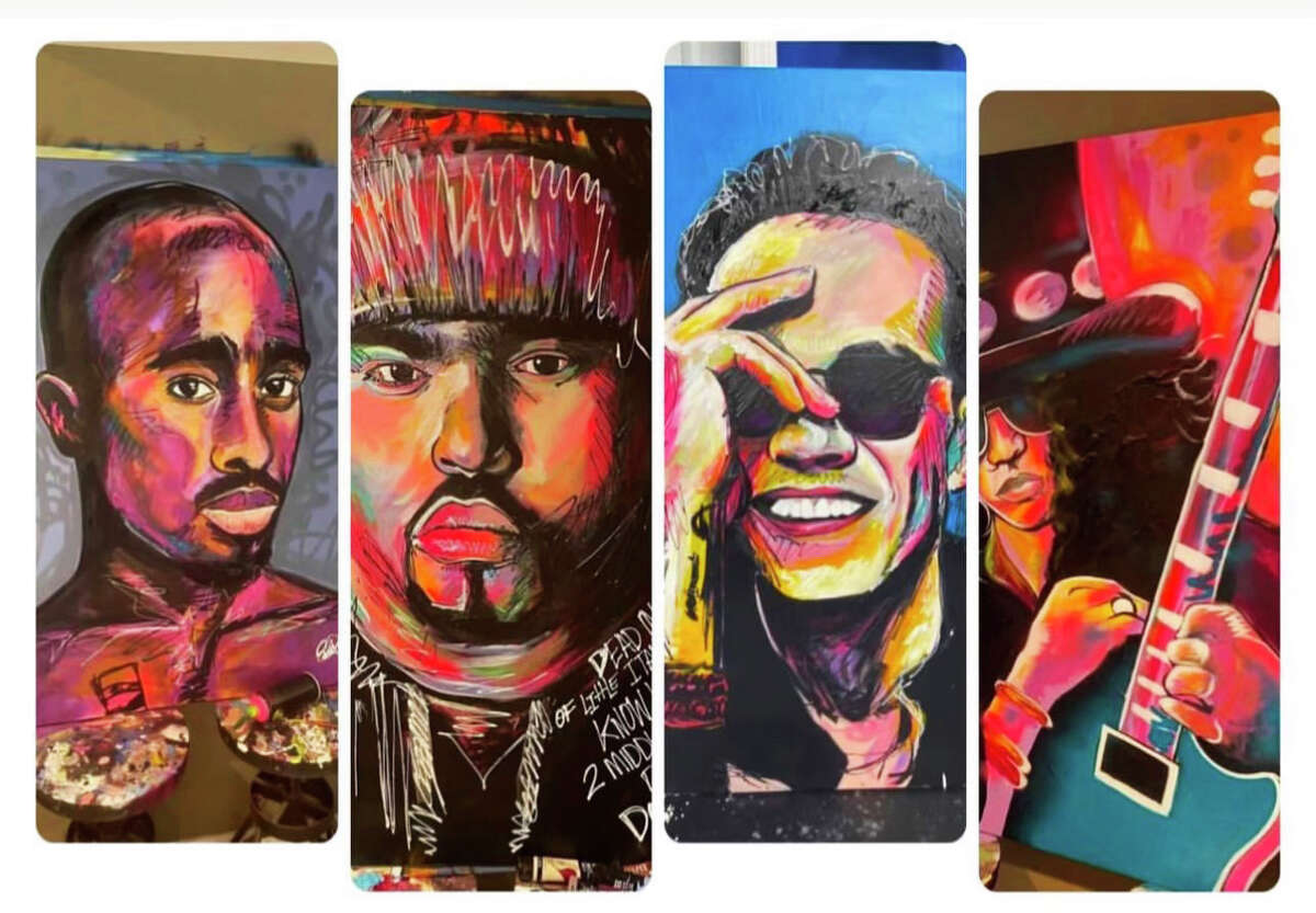 Meriden artist, hairstylist and hip-hop musician Eddie Rivera recently completed a portion of a giant, floral-themed mural in the back alleyway of 418-20 Main St. in Middletown. From left are portraits of musicians Tupac Shakur, Big Pun, Marc Anthony and Slash.