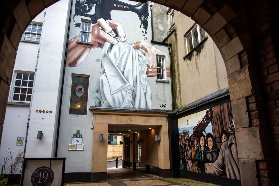 The mural created by Karl Porter from UV arts as a tribute to the Factory Girls in Derry which is in the city’s Craft Village . Picture Martin McKeown