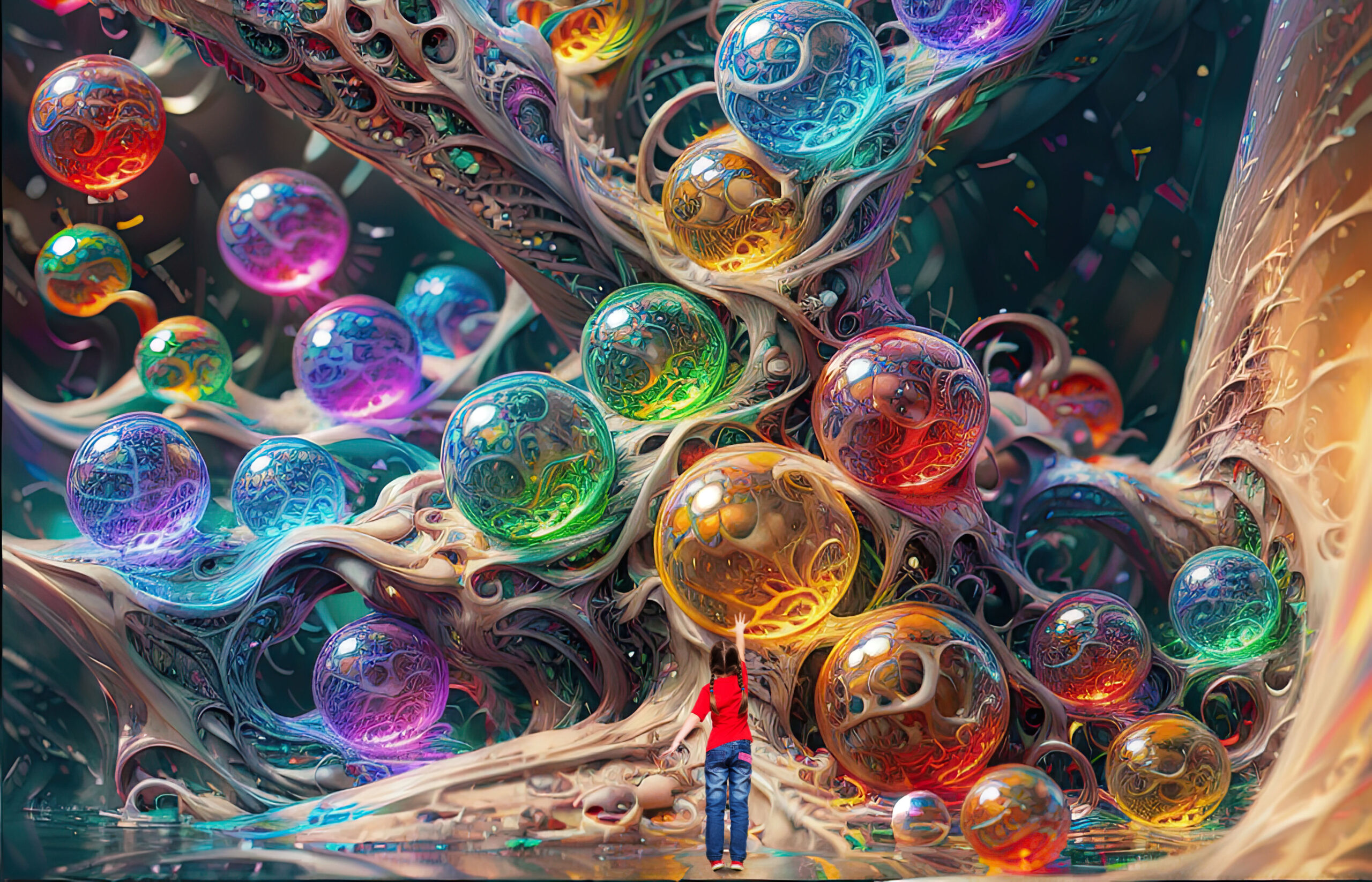 Digital rendering of artwork showing small girl in front of large colorful spheres