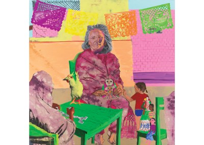 A painting of an older Chicana woman sitting on a green chair in a backyard surrounded by various vibrantly colored items. 