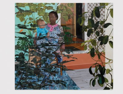 A mixed-media artwork showing a Black woman with her baby sitting on a chair. They are slightly obscured by green plants and you can see inside a house in the background. 