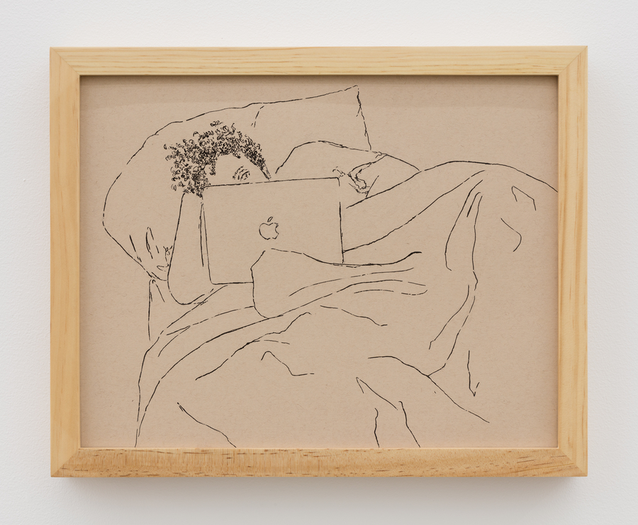 A black pen line drawing on brown-toned paper. The drawing is of a person with tightly coiled curly hair resting in bed while looking at an Apple brand laptop. The figure lays on a pillow with their head propped up by their hand. Their face is mostly obscured by the laptop revealing only one eye. Their body is covered in a blanket. The folds of the blanket take up half of the surface of the drawing.