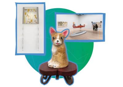 Photo illustration showing two artworks including a sculpture of a dog and an installation view of a museum. 