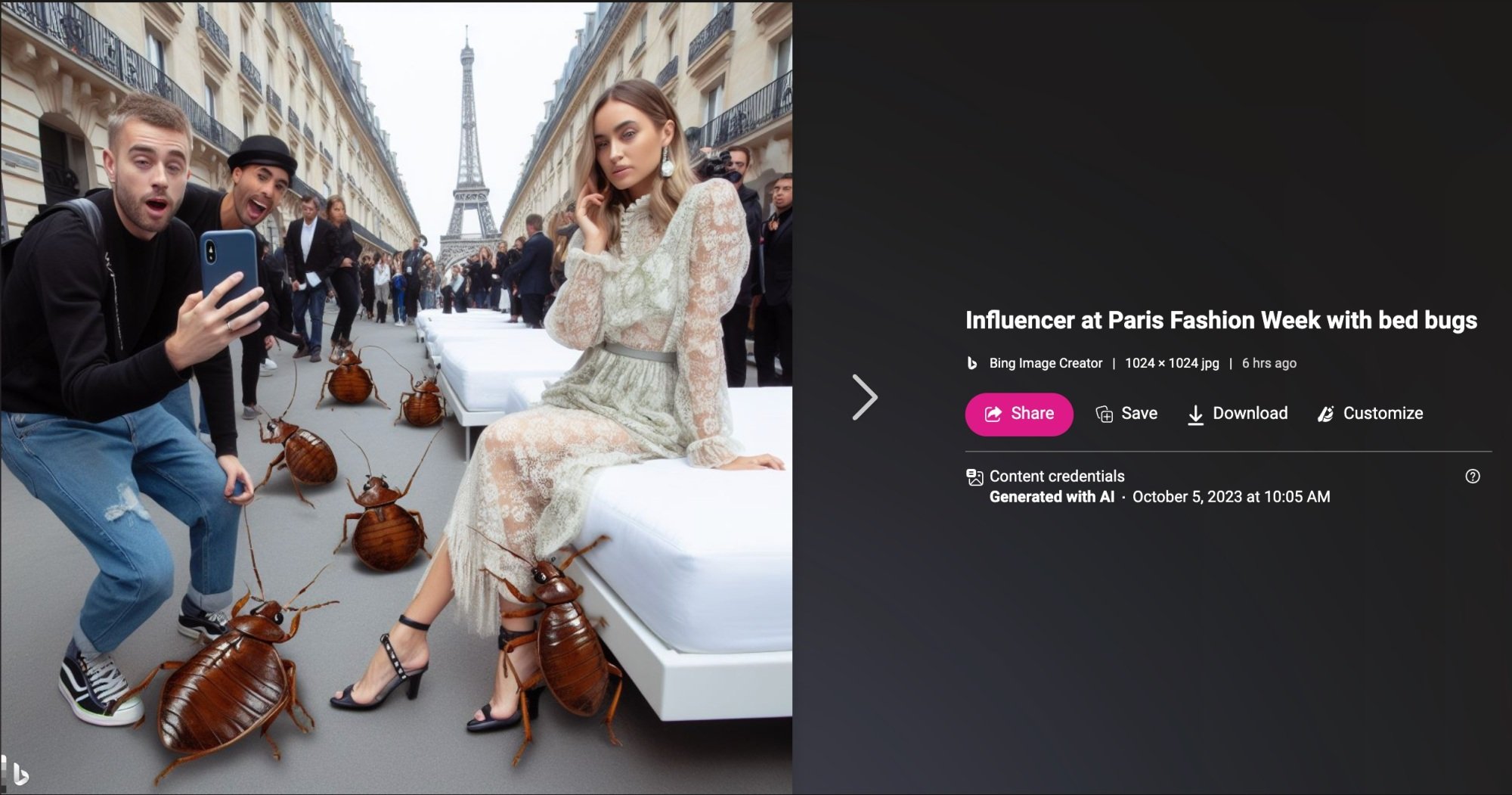 Bing Image Creator AI-generated image of influencers at Paris Fashion Week surrounded by bed bugs