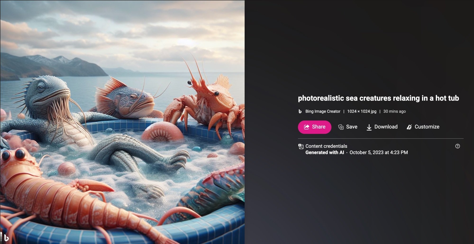 Bing Image Creator AI-generated image of sea creatures relaxing in a hot tub