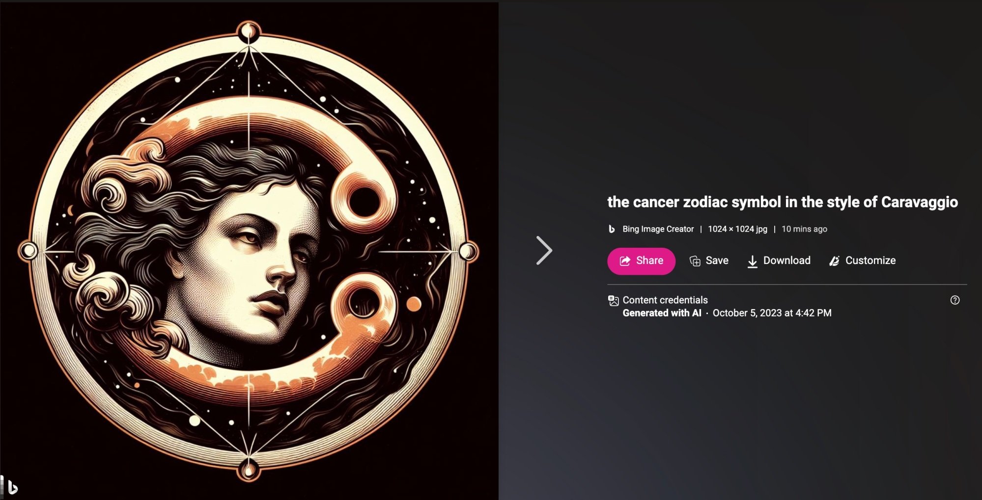 Bing Image Creator AI-generated image of the Cancer zodiac symbol in the style of Caravaggio