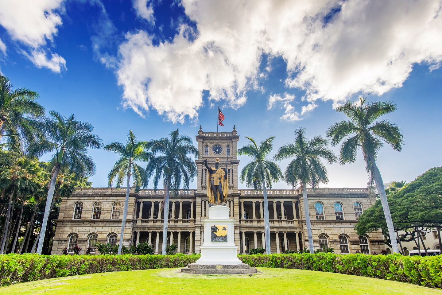 King Kamehameha Statue across from Iolani Palace in historic downtown Honolulu.