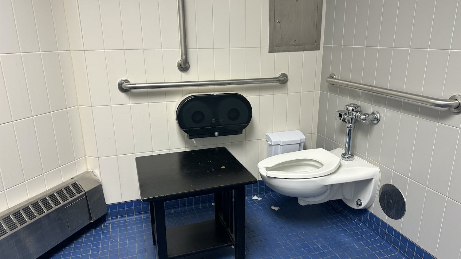 An accessible bathroom located on the seventh floor of O'Brian comes with a table for primetime multitasking.