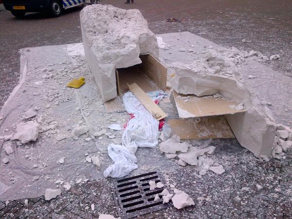 The remains of a failed street art project in which an artist nearly suffocated inside a sculpture. Firefighters had to rescue her. Photo courtesy of the Rotterdam Police Department.