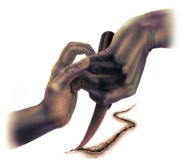 This illustration depicts a pair of human hands grasping a knife blade and slicing into an unidentifiable white surface, exposing a snaking wound.