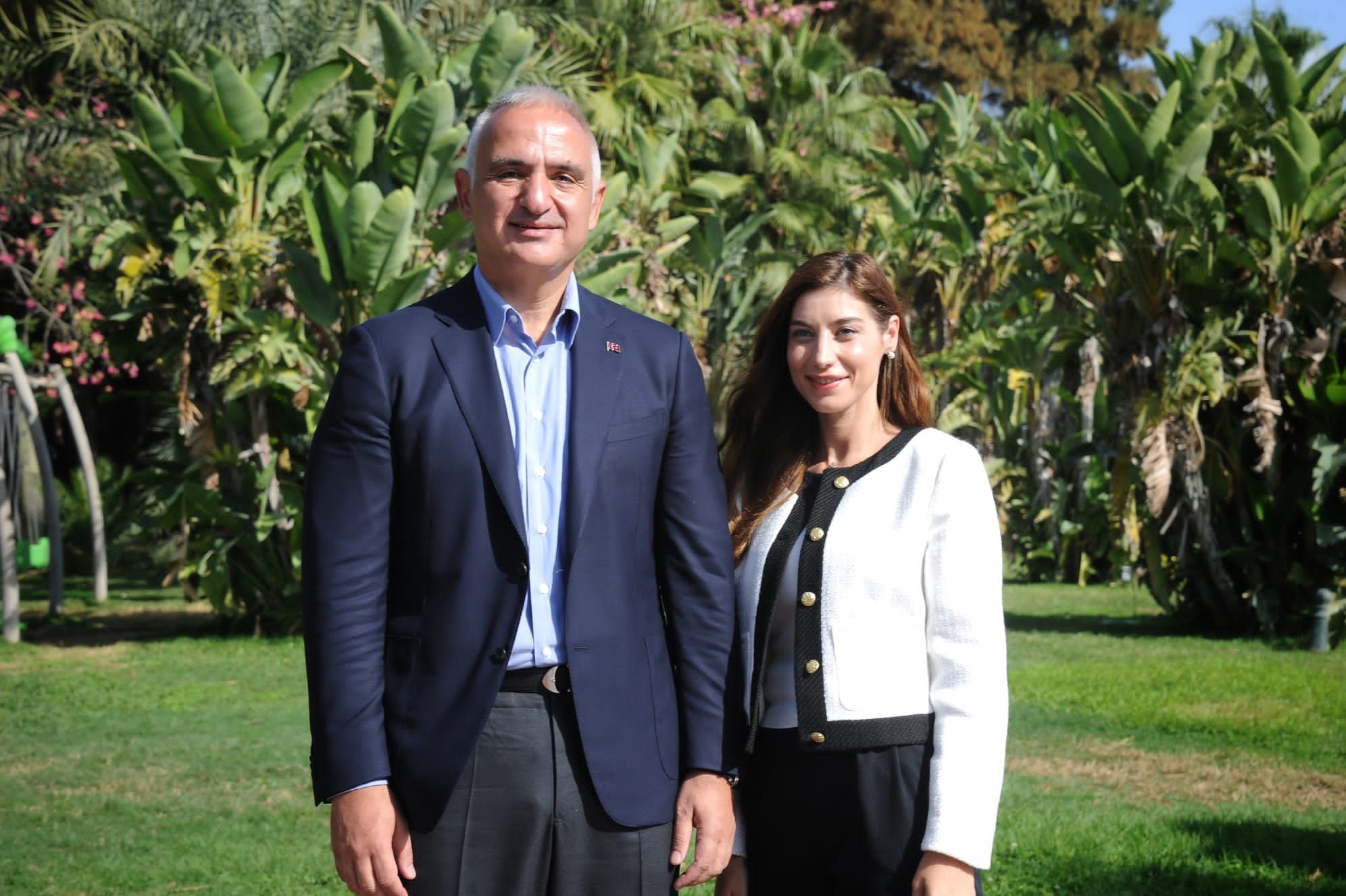 The Minister of Culture and Tourism Mehmet Nuri Ersoy and Funda Karayel pose during the Antalya Culture Road Festival, Antalya, Türkiye, Oct. 6, 2023. (Photo by Funda Karayel)