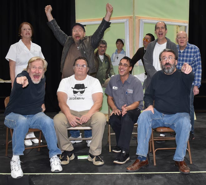 Theater professionals Amy Ensign and Doug Mancheski, top left, play the lead roles of Nurse Ratched and Randle McMurphy alongside a cast of community theater actors in the Rogue Theater production of 