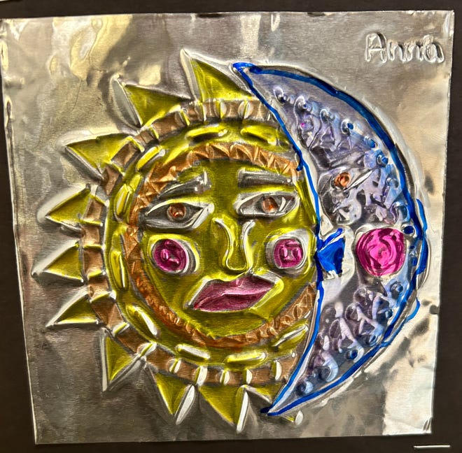 Artwork created by Anna, a fourth-grade student at Seeds of Health Elementary in Milwaukee, Wisconsin, in fall 2023. Fourth grade students learned about Mexican Folk art and the sun motif that is seen in many ceramic artworks.