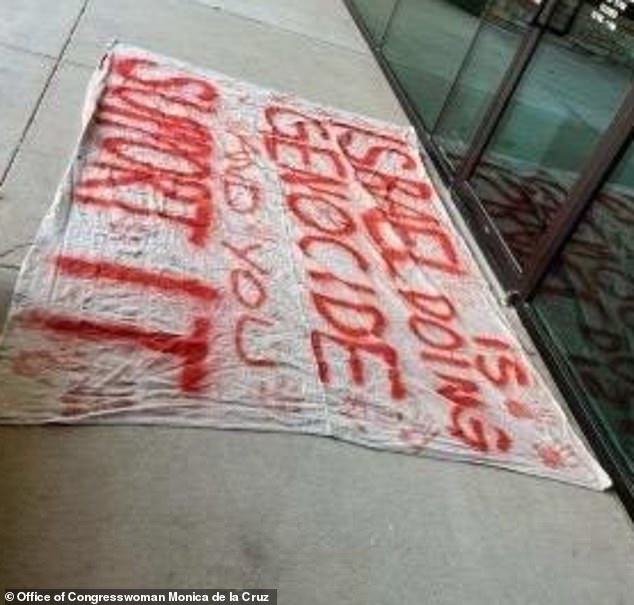 At the entrance of her office, a message read, 'Israel is doing genocide and you are supporting it'