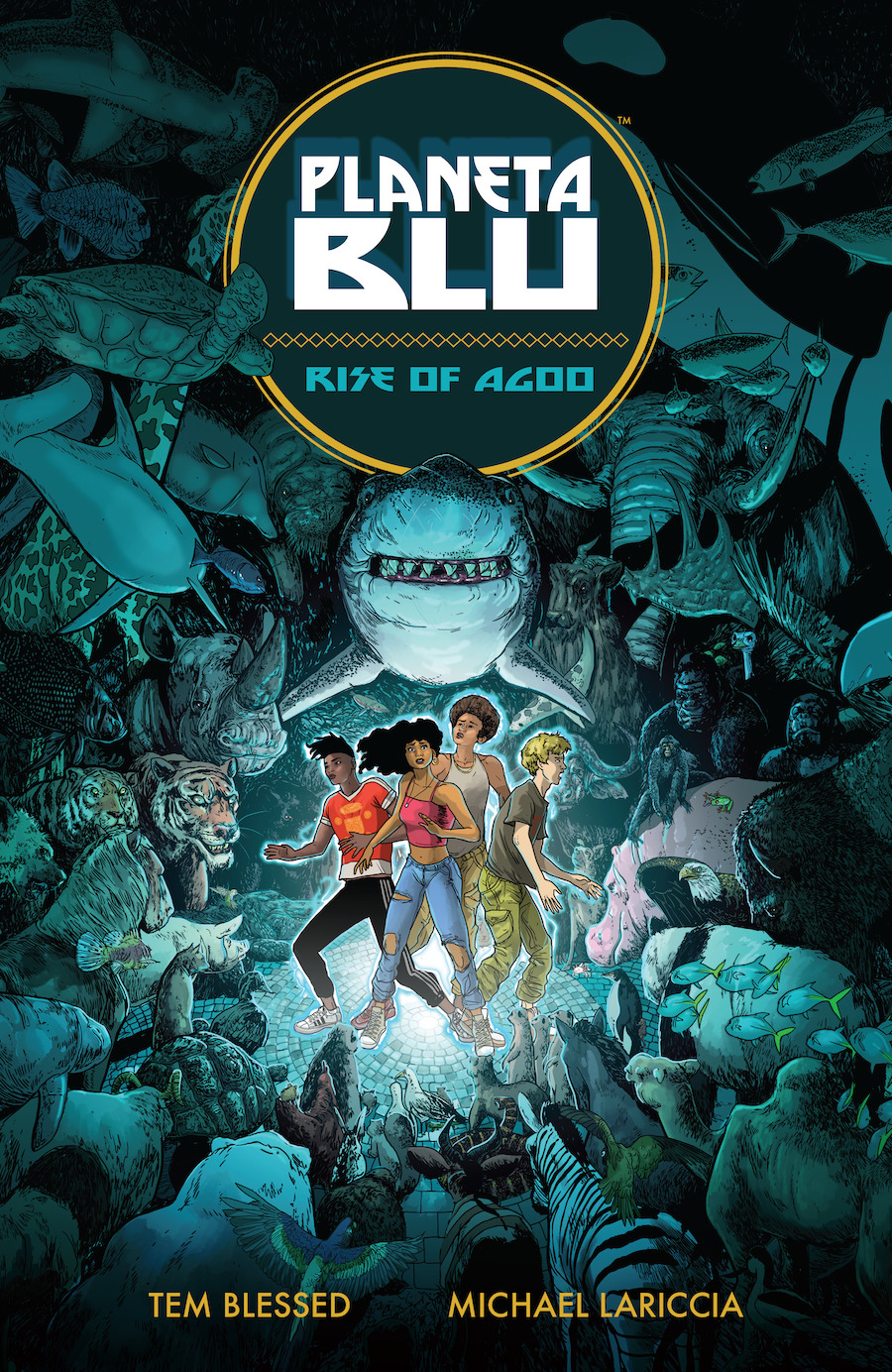 Cover of Planeta Blu, showing four teenagers surrounded by a shark, dolphins, turtles, tigers, apes, and other sea and land animals.