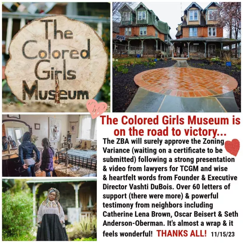 A poster with four colorful pictures shows The Colored Girls Museum in a row house in Philadelphia, and explains the museum’s recent zoning problems. 
