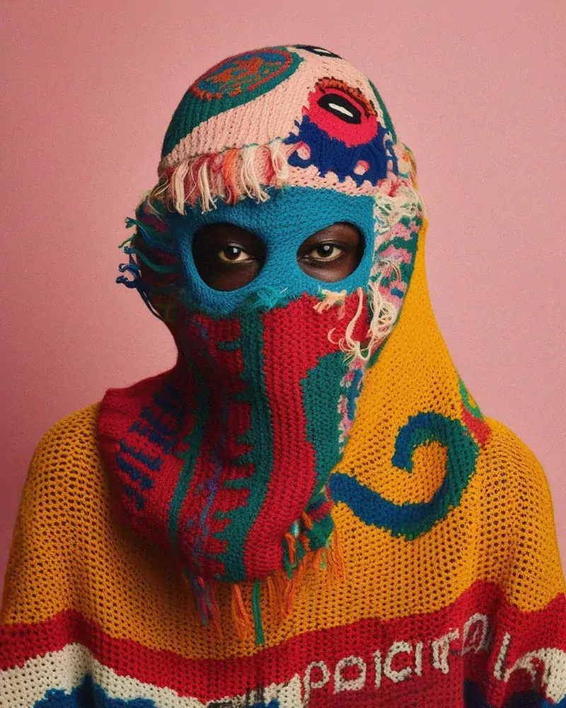 A colorful hand-knit body covering in orange, red, green, blue and pink, covers the body and head and face of an African American, whose eyes show through two holes carefully and intentionally placed in this fashionable balaclava/sweater.