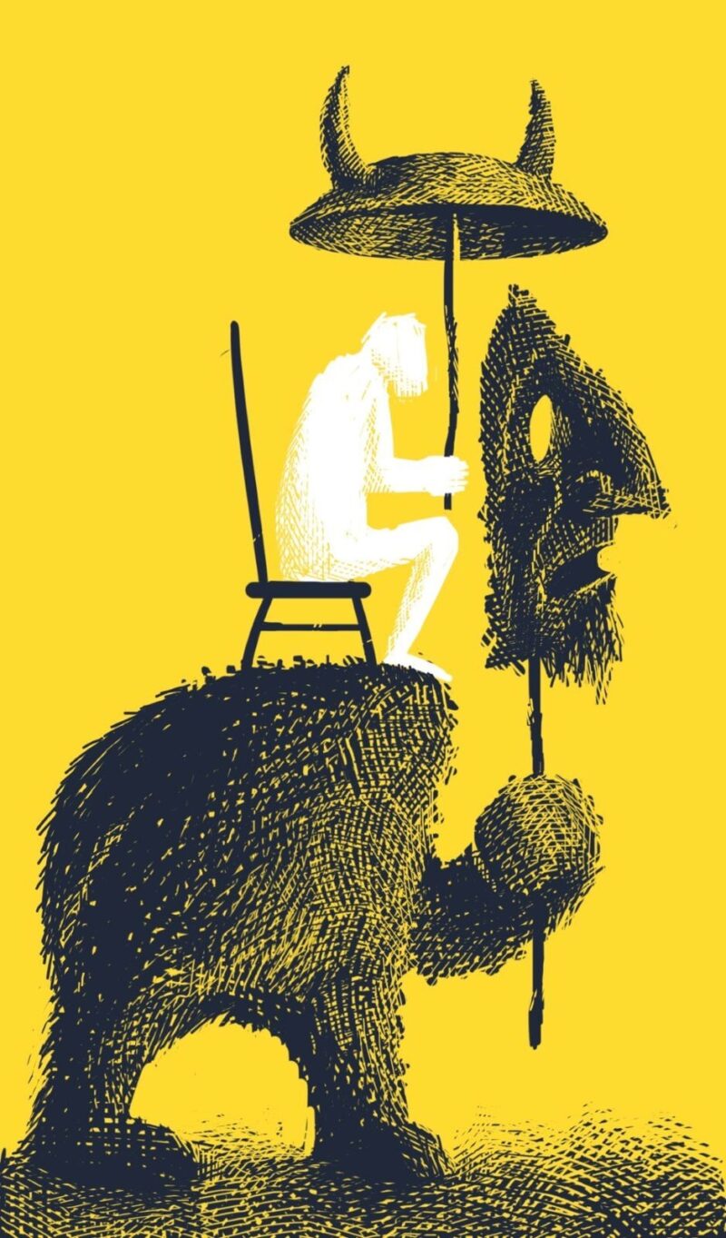 A digital drawing of a figure sitting beneath a horned umbrella on the back of a creature whose face is a puppet.