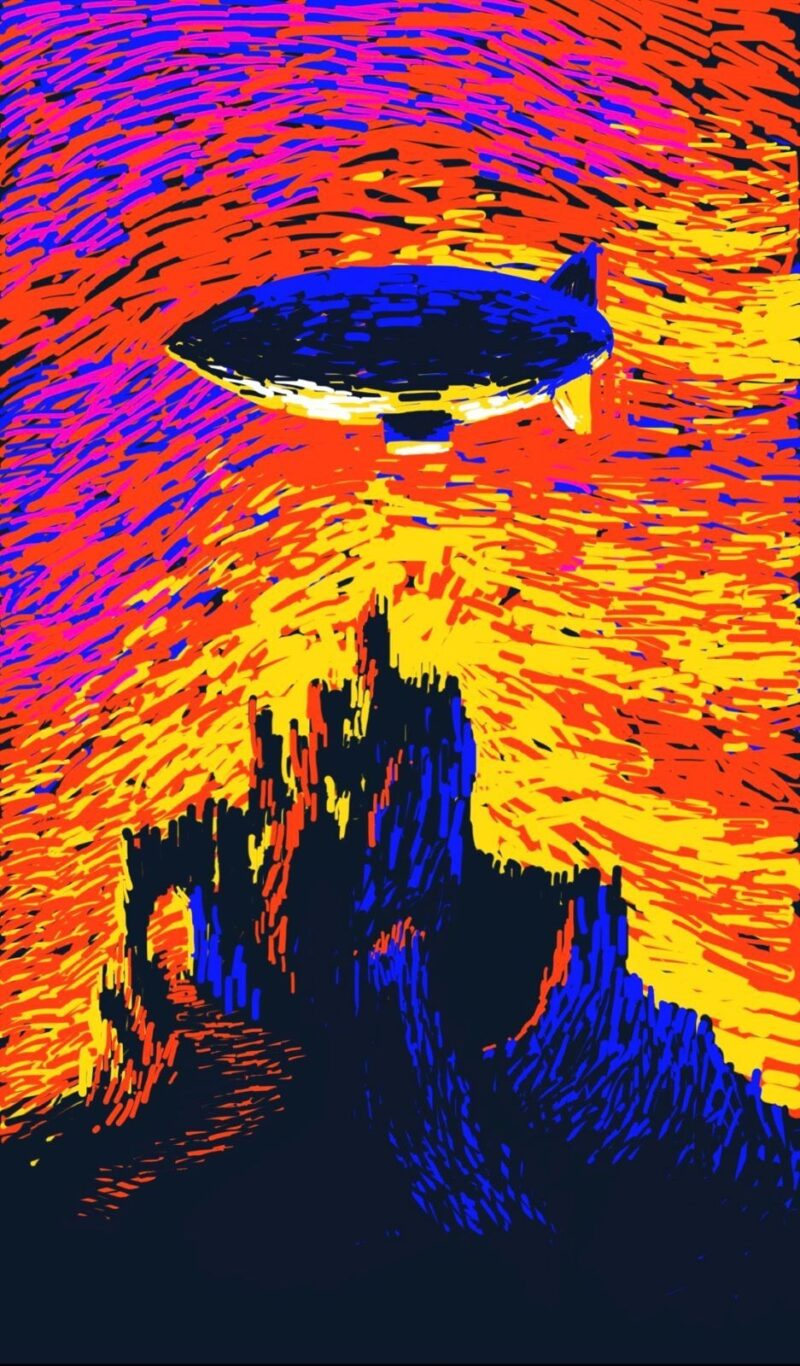 A blimp in an impressionist sunset sky passes over a strange mountain of ruins.