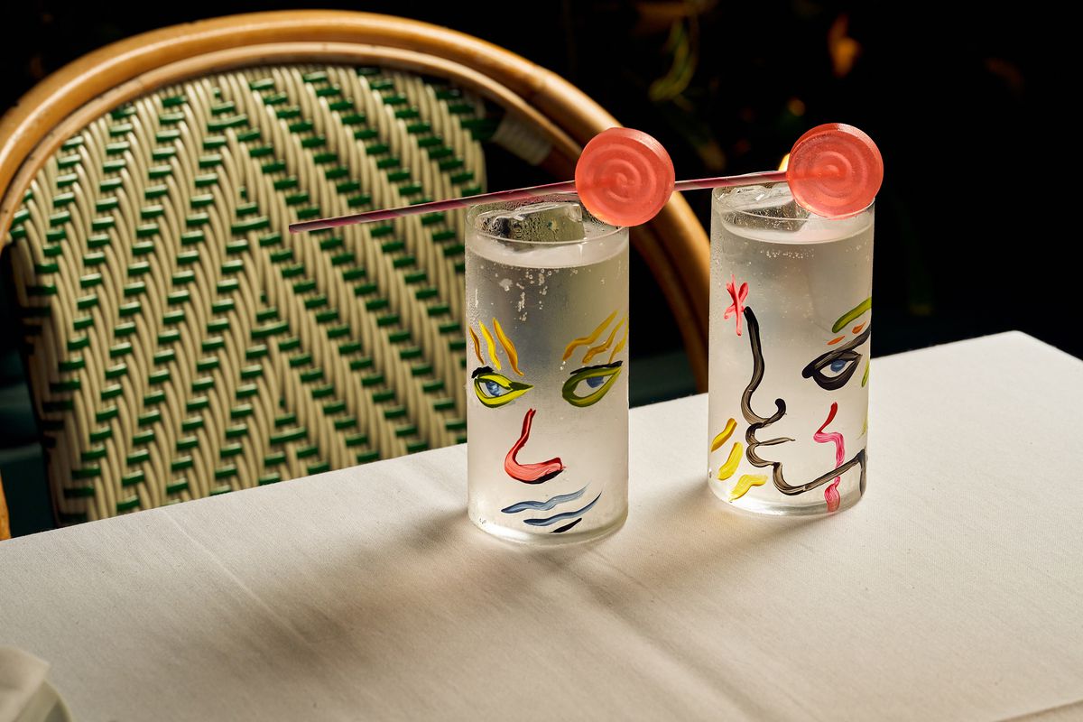 glasses on table.