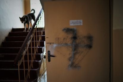 A swastika that Russians graffitied on one of the buildings they occupied in Chernobyl in the winter of 2022.