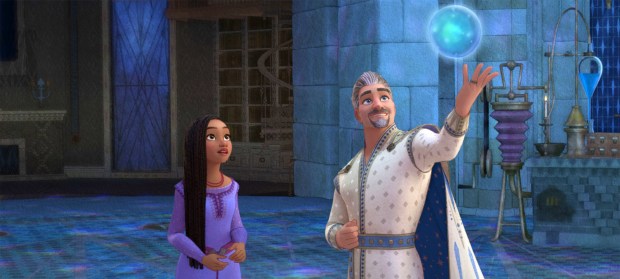 Asha, voiced by Ariana DeBose, interviews to be the apprentice of King Magnifico, voiced by Chris Pine, in a scene from