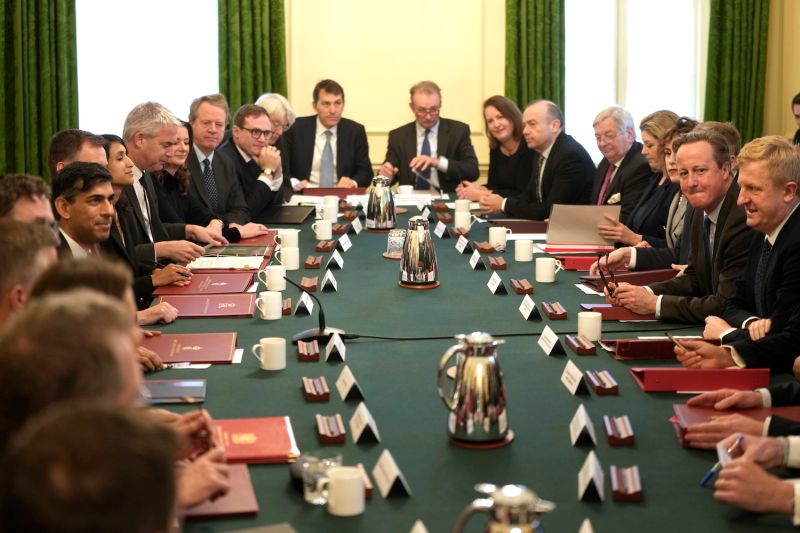 British Prime Minister Rishi Sunak, new Foreign Secretary David Cameron, and others attend a cabinet meeting.