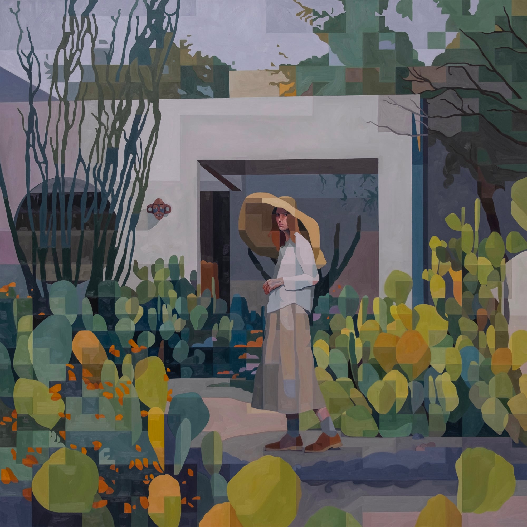 a woman with a large sunhat stands in a garden surrounded by cacti. the painting is gridded