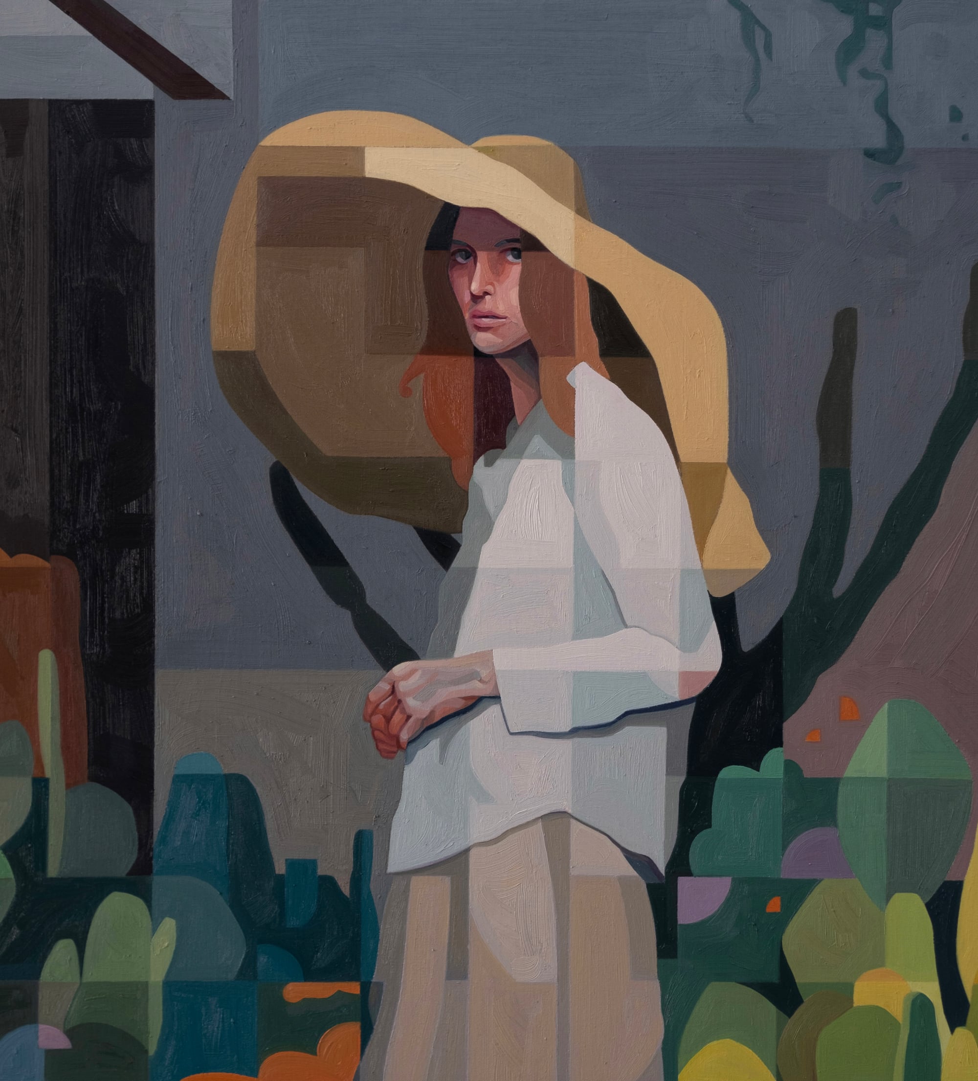 a close up of a woman wearing a sunhat