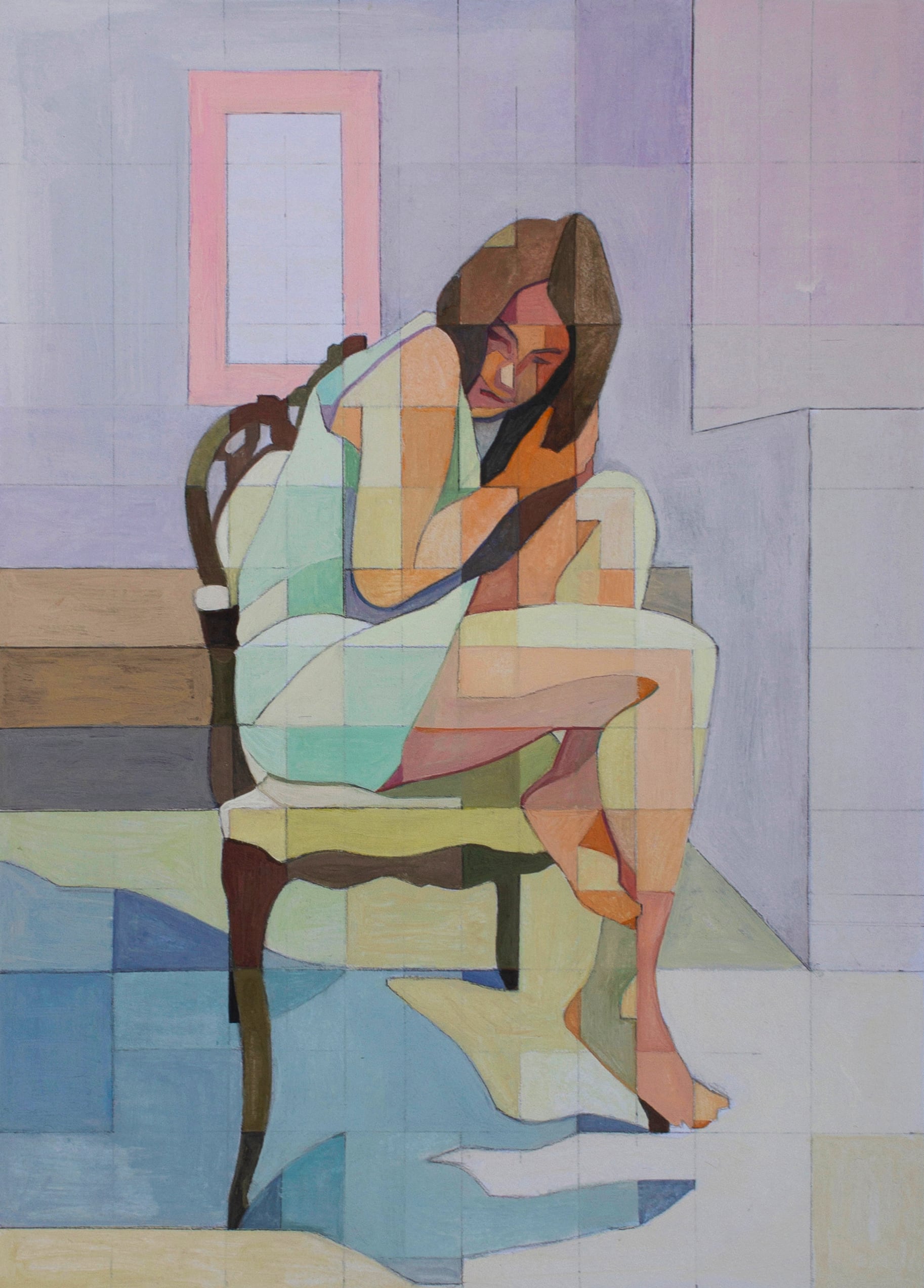 A woman on a wooden chair with her legs pulled up. All on a gridded purple backdrop