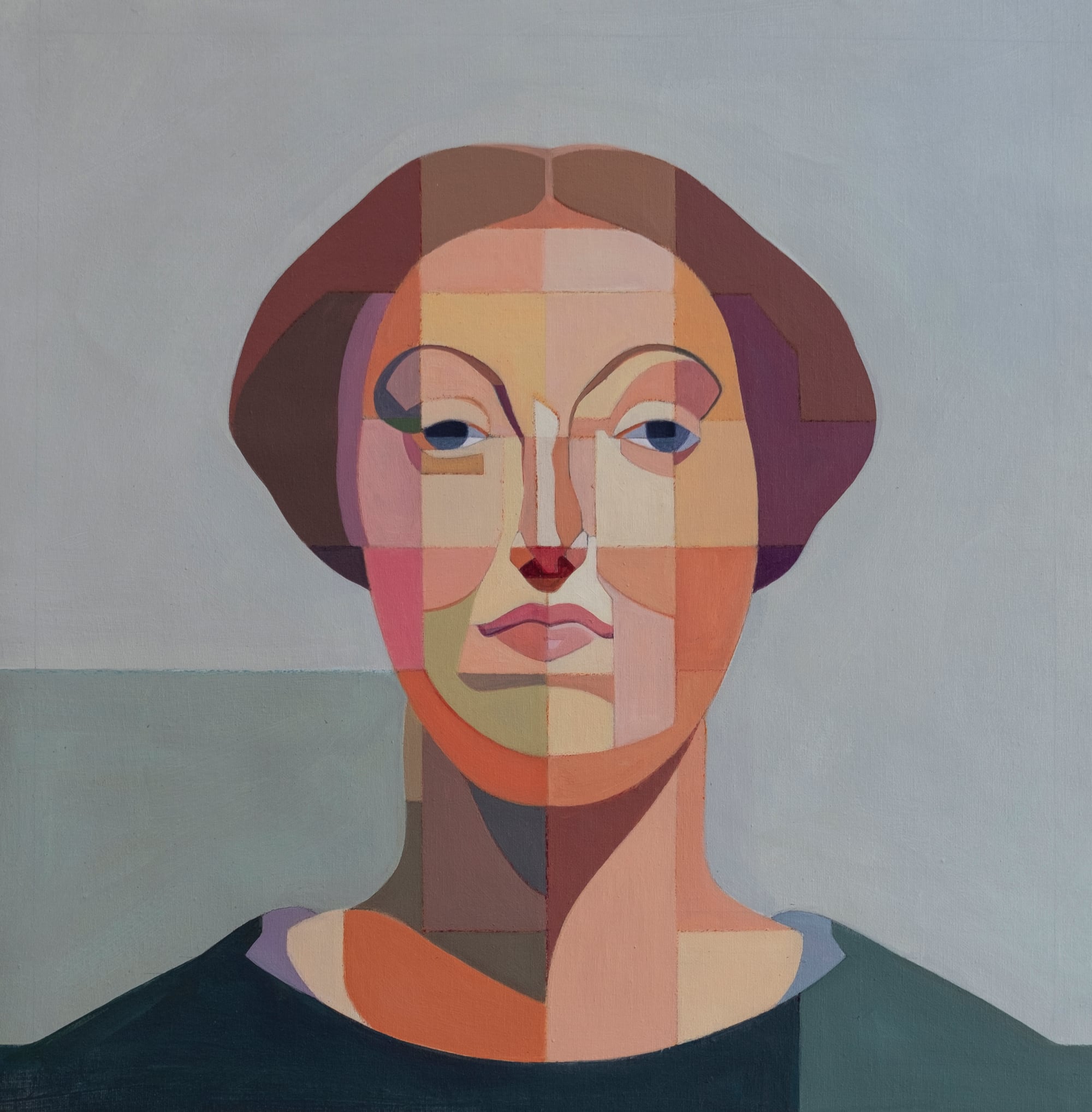 A grid-like portrait of a stern woman looking directly at the viewer
