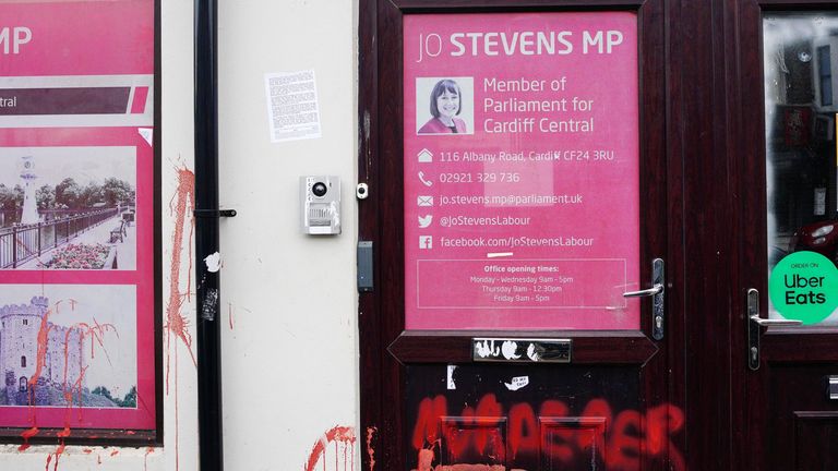The constituency office of Labour MP Jo Stevens in Albany Road, Cardiff, which was sprayed with red paint and posters were put up accusing her of having 
