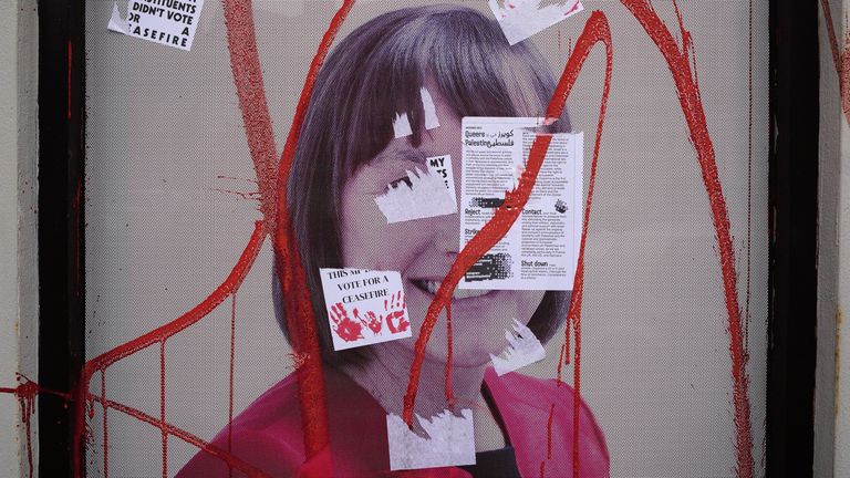 The constituency office of Labour MP Jo Stevens in Albany Road, Cardiff, which was sprayed with red paint and posters were put up accusing her of having 